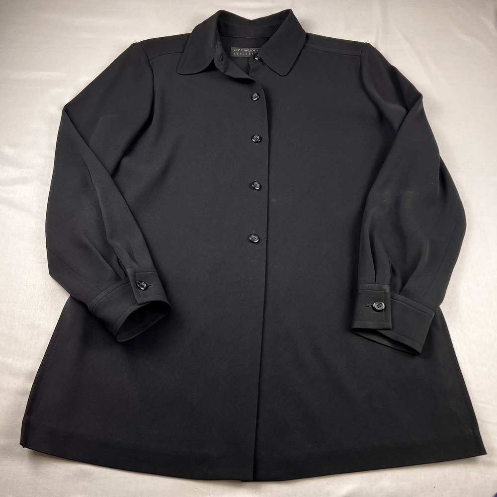 Liz Claiborne Blouse Button Up Long Length Sleeve Office Career Black Size 8